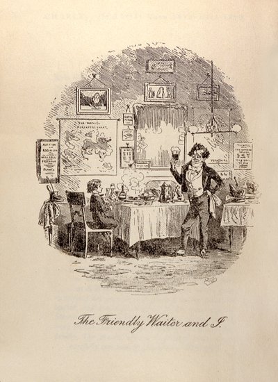 "A barátságos pincér és én", Charles Dickens (1812-70) "David Copperfield" című művéből. alkotó: Hablot Knight Browne
